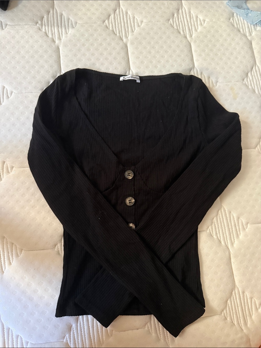 Reformation Black Ribbed Button-Front Long Sleeve Top